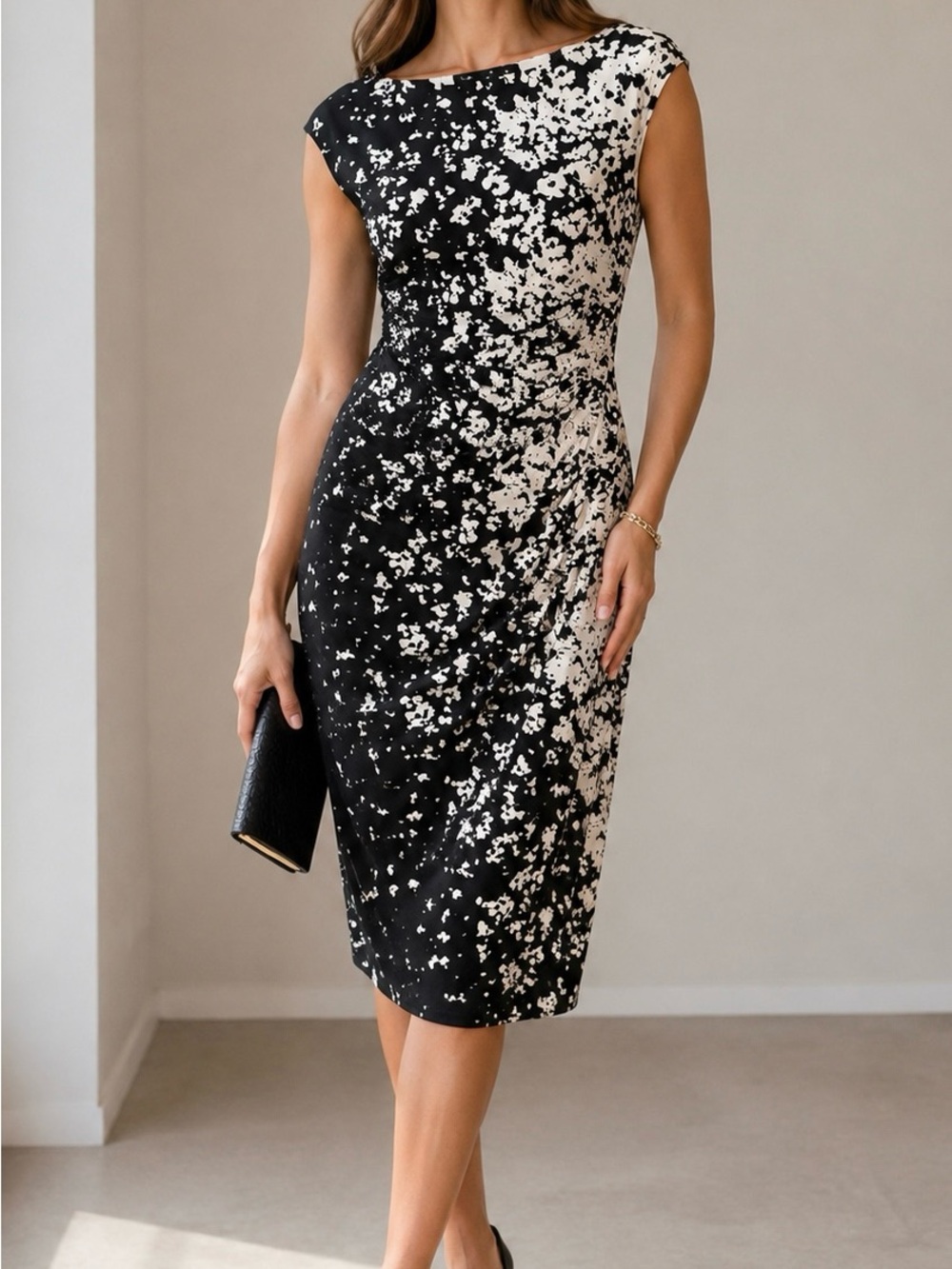 Lauren Ralph Lauren Black & White Abstract Ruched Sheath Dress 10 Minimalist